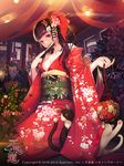  3boys bad_id bad_pixiv_id breasts cat copyright_name fan floral_print flower folding_fan furyou_michi_~gang_road~ hair_ornament highres hiiro_miku japanese_clothes kimono long_hair looking_at_viewer medium_breasts multiple_boys na_in-sung off_shoulder official_art open_mouth pink_eyes seiza sitting solo_focus 