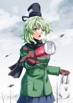  alternate_costume blush can coat gloves green_eyes green_hair hat kakao_(noise-111) leaf looking_at_viewer open_mouth scarf short_hair skirt soga_no_tojiko solo tate_eboshi touhou 