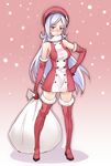  adapted_costume aila_jyrkiainen blue_eyes boots breasts elbow_gloves fur_boots fur_trim gloves gundam gundam_build_fighters hand_on_hip hat highres long_hair looking_at_viewer matsuryuu medium_breasts red_footwear red_gloves red_legwear sack santa_boots silver_hair solo thigh_boots thighhighs white_gloves zettai_ryouiki 