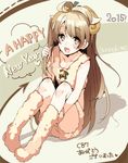 animal_costume bare_arms bell blonde_hair boots brown_eyes collarbone fur_boots hand_in_hair happy_new_year horns leg_hug light_brown_hair long_hair love_live! love_live!_school_idol_project minami_kotori new_year nochita_shin open_mouth sheep_costume sheep_horns sitting smile solo very_long_hair 