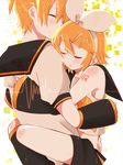 1boy 1girl aoi_choko_(aoichoco) bare_shoulders blonde_hair brother_and_sister closed_eyes commentary_request detached_sleeves hair_ornament hairband highres hug kagamine_len kagamine_rin sailor_collar school_uniform serafuku short_hair short_sleeves siblings smile vocaloid 