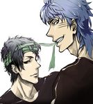  black_hair blue_hair coco_(toriko) duo facial_mark grin headband male male_focus mouth_hold multiple_boys smile toriko toriko_(series) 
