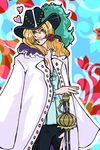  1boy blonde_hair cavendish dressrosa flower hat jacket_on_shoulders long_hair looking_at_viewer male male_focus mouth_hold one_piece solo standing sword weapon 