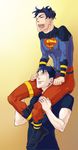 1boy 2boys black_hair blue_eyes bodysuit boots carrying dc_comics dual_persona earrings flying jewelry multiple_boys multiple_persona open_mouth s_shield shirt smile solo superboy superman_(series) t-shirt young_justice young_justice:_invasion 