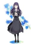  asagami_fujino bangs blunt_bangs dress flower kara_no_kyoukai long_hair monokuro_(snog) pantyhose purple_hair school_uniform smile solo 