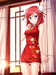  ass_visible_through_thighs bare_arms bare_shoulders blush bun_cover china_dress chinese_clothes curtains double_bun dress floral_print highres love_live! love_live!_school_idol_project nishikino_maki purple_eyes red_hair solo tucana window 