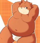  96tning anthro bear belly blush brown_fur bulge clothed clothing fur male mammal moobs navel one_eye_closed overweight overweight_male simple_background solo topless underwear wink 