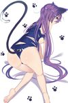  all_fours animal_ears ass bad_id bad_pixiv_id bare_legs barefoot blue_eyes breasts cat_ears cat_tail competition_swimsuit fenrirr from_behind long_hair looking_at_viewer looking_back medium_breasts one-piece_swimsuit original purple_hair sideboob solo swimsuit tail torn_clothes torn_swimsuit very_long_hair 