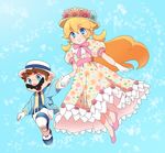  1girl alternate_costume blonde_hair blue_eyes couple dress earrings facial_hair floral_print flower gloves hat height_difference hetero holding_hands jewelry lace long_hair mario mario_(series) mustache necktie princess_peach riomario smile super_mario_bros. 