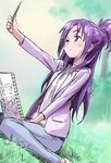  blush futari_wa_precure_splash_star grass highres hyuuga_saki isedaichi_ken long_hair mishou_mai one_eye_closed pencil precure purple_eyes purple_hair sitting solo wariza 