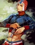  argyle argyle_sweater guido_mista gun handgun hat jojo_no_kimyou_na_bouken magatsumagic male_focus midriff revolver solo sweater weapon 