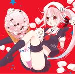  beret between_legs black_serafuku black_skirt blue_hair blush crop_top crop_top_overhang food gloves gradient_hair harusame_(kantai_collection) hat ice_cream ice_cream_cone kantai_collection loafers marshmallow multicolored_hair neckerchief open_mouth panties pink_eyes pink_hair pink_panties pleated_skirt red_background sailor_collar school_uniform serafuku sheep shoes side_ponytail single_scoop skirt solo underwear waffle_cone yuzuki_yuno 