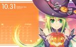  2014 calendar_(medium) detached_sleeves elsword green_hair halloween hat highres jack-o'-lantern long_hair october pointy_ears rena_(elsword) solo tsukimi_kirara witch_hat 