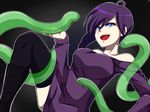  1girl bare_shoulders blue_eyes boots breasts long_hair off-shoulder_sweater purple_hair sweater tentacle thighhighs zone-tan 