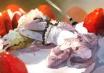  blurry blush bou_shaku cake depth_of_field finger_to_mouth flower food fork fruit hair_flower hair_ornament highres lying minigirl pantyhose shoes solo strawberry vocaloid voiceroid yuzuki_yukari yuzuki_yukari_(onn) yuzuki_yukari_(vocaloid4) 