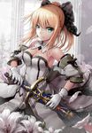  artoria_pendragon_(all) bad_id bad_pixiv_id bare_shoulders blonde_hair blush bow breasts caliburn cleavage dress fate/stay_night fate/unlimited_codes fate_(series) flower gloves green_eyes highres hisahisahisahisa holding long_hair looking_at_viewer medium_breasts saber saber_lily smile solo sword weapon white_gloves 