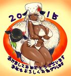  2015 :p absurdres animal_ears bikini blush boots breast_hold breasts dark_skin fur_boots fur_hat gloves hat highres huge_breasts leopard_(artist) new_year original sheep sheep_ears short_hair smile solo swimsuit tongue tongue_out white_bikini white_footwear white_gloves white_hair yellow_eyes 