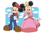  disney dress furry gloves hat mario mario_(cosplay) mario_(series) mickey_mouse minnie_mouse one_eye_closed overalls pink_dress princess_peach princess_peach_(cosplay) riomario smile super_mario_bros. 