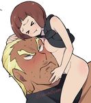  &gt;_&lt; 1girl anosumi_(ggpg) bad_id bad_pixiv_id blonde_hair bloodshot_eyes blush bob_cut bottomless brown_hair closed_eyes frown gamagoori_ira holster hug kill_la_kill mankanshoku_mako nudist_beach_uniform short_hair shoulder_holster sweat tears wavy_mouth 