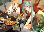  :t blonde_hair blush bou_shaku dress drink drinking_straw eating food hair_ornament hairclip hatsune_miku highres holding_pizza kagamine_rin long_hair multiple_girls pizza seiza short_hair sitting smile table twintails very_long_hair vocaloid 
