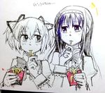  akemi_homura bow eating feeding food french_fries hair_ribbon hairband jewelry kaname_madoka kfc long_hair looking_at_another mahou_shoujo_madoka_magica mahou_shoujo_madoka_magica_movie mcdonald's multiple_girls ribbon ring school_uniform sharing_food short_twintails silverxp sketch spot_color translation_request twintails 