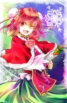  :d bun_cover capelet confetti double_bun flower ibaraki_kasen kutsuki_kai looking_at_viewer one_eye_closed open_mouth party_popper pink_hair red_eyes rose skirt smile solo tabard touhou 