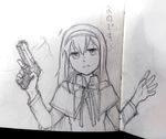 akemi_homura arms_up greyscale gun handgun hands_up headband holding holding_gun holding_weapon long_hair looking_at_viewer magical_girl mahou_shoujo_madoka_magica mahou_shoujo_madoka_magica_movie monochrome open_mouth parted_lips pistol silverxp sketch speech_bubble talking translation_request trigger_discipline upper_body weapon 