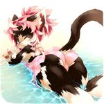  ass bad_id bad_pixiv_id blue_eyes claws fur furry looking_back lying mizuki_kotora multicolored_hair on_stomach original pink_hair plaid red_hair solo swimsuit wading water wet white_hair 