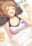  bad_id bad_pixiv_id bare_arms bare_shoulders blanket breasts brown_hair cccpo closed_eyes collarbone food fruit gundam gundam_build_fighters gundam_build_fighters_try highres hoshino_fumina large_breasts mandarin_orange open_mouth pillow ponytail revision scrunchie sleeping solo sports_bra zzz 
