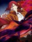  absurdres aozaki_touko demon highres jacket kara_no_kyoukai nail_polish official_art ponytail red_eyes red_hair solo suitcase 