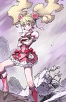  blonde_hair boots bow crossed_arms cure_peach dated fresh_precure! hair_ornament heart heart_hair_ornament highres isedaichi_ken long_hair magical_girl momozono_love no_choker pink_bow pink_eyes pink_footwear precure sketch skirt solo twintails twitter_username 