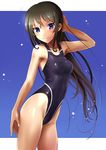  black_hair blue_eyes blush breasts competition_swimsuit cowboy_shot highleg highleg_swimsuit katahira_masashi long_hair looking_at_viewer one-piece_swimsuit original small_breasts smile solo swimsuit 