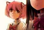  akemi_homura black_hair blurry bow bowtie depth_of_field face frown hair_ribbon kaname_madoka long_hair looking_at_another mahou_shoujo_madoka_magica mahou_shoujo_madoka_magica_movie multiple_girls pink_hair red_bow red_neckwear ribbon school_uniform shirt short_hair silverxp simple_background solo_focus twintails upper_body white_background white_shirt worried yellow_eyes 