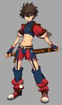  1boy boots child grey_background lvlv male male_focus navel original shorts simple_background solo standing sword weapon 