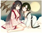  arm_support barefoot black_hair blush breasts brown_eyes cleavage full_body hair_ornament hairpin horns japanese_clothes kimono large_breasts long_hair medium_breasts multiple_girls navel oni_horns original pointy_ears short_hair sitting smile wariza yuuki_rika 