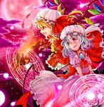  2girls ascot bad_id bad_pixiv_id bat_wings blonde_hair blue_hair bow brooch cloud danmaku dress fire flame flandre_scarlet floating floral_print frilled_dress frills full_moon hat hat_bow jewelry laevatein looking_to_the_side magic_circle mob_cap moon multiple_girls night night_sky open_mouth pink_dress red_dress red_eyes red_moon remilia_scarlet short_hair side_ponytail sky smile spear_the_gungnir star_(sky) starry_sky touhou transparent_wings wings 