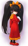  ashley_(warioware) big_hair black_hair dress hair_ornament highres komimiyako long_hair looking_at_viewer looking_back pantyhose red_eyes solo standing stuffed_animal stuffed_bunny stuffed_toy twintails very_long_hair warioware 