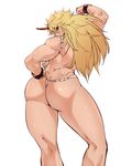  ass blonde_hair blue_eyes from_behind fundoshi horn hoshiguma_yuugi japanese_clothes kneepits long_hair looking_at_viewer looking_back muscle muscular_female oni sekiyu_(spartan) simple_background solo thick_thighs thighs touhou wide_hips 