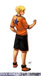  blonde_hair clenched_hand fatal_fury full_body hand_on_hip male_focus mark_of_the_wolves rejean_dubois rock_howard shirt shoes shorts sneakers snk solo standing star t-shirt white_background younger 