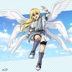  afuro_terumi angel_wings armband bike_shorts blonde_hair cloud day full_body inazuma_eleven inazuma_eleven_(series) long_hair looking_at_viewer male_focus mizuhara_aki multiple_wings open_mouth red_eyes seraph sky solo wings zeus_(inazuma_eleven) 