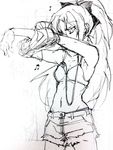  armpits bra breast_hold breasts collarbone cowboy_shot earbuds earphones greyscale hair_ribbon listening_to_music long_hair mahou_shoujo_madoka_magica mahou_shoujo_madoka_magica_movie midriff monochrome musical_note navel outstretched_arms ponytail ribbon sakura_kyouko short_shorts shorts silverxp sketch small_breasts solo standing stomach stretch underwear undressing 