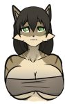  2018 anthro big_breasts breasts brown_fur brown_hair bust_portrait cleavage clothed clothing feline female fur green_eyes hair hayakain hui-maow hybrid looking_at_viewer mammal multicolored_fur portrait simple_background striped_fur stripes tora_(species) two_tone_fur white_background 