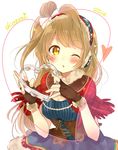  2014 ;o blush bow brown_eyes brown_hair character_name corset earmuffs fingerless_gloves fur_trim gloves hair_bow heart instrument kakizato long_hair looking_at_viewer love_live! love_live!_school_idol_project minami_kotori one_eye_closed one_side_up parted_lips simple_background solo string tambourine underbust white_background 