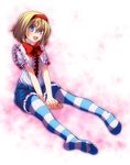  alice_margatroid alternate_costume bad_id bad_pixiv_id blonde_hair blue_eyes bow capelet hairband highres open_mouth pantyhose puffy_short_sleeves puffy_sleeves s-syogo shirt short_sleeves shorts sitting smile solo striped striped_legwear touhou v_arms 