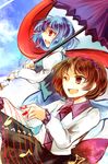  :d blue_hair brown_eyes brown_hair collared_shirt hairband instrument juliet_sleeves karakasa_obake koto_(instrument) kutsuki_kai long_sleeves multiple_girls one_eye_closed open_mouth puffy_sleeves red_eyes shirt short_hair skirt sky smile tatara_kogasa tongue touhou tsukumo_yatsuhashi tunic umbrella 