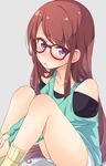  adjusting_eyewear aikatsu! aikatsu!_(series) bare_shoulders bespectacled blush brown_hair glasses long_hair looking_at_viewer open_mouth purple_eyes shibuki_ran shorts solo tokunou_shoutarou 