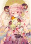  2015 blush cowboy_shot food fruit fur happy_new_year horns ibara_riato japanese_clothes kimono looking_at_viewer mandarin_orange new_year original pink_eyes pink_hair sheep sheep_horns short_hair solo 