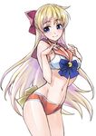  1girl aino_minako bishoujo_senshi_sailor_moon blonde_hair blue_eyes bow bra breasts choker duplicate female hair_bow highres lingerie long_hair magical_girl matsuryuu midriff navel orange_panties panties pixiv sailor_collar sailor_moon_narikiri_bra_set sailor_senshi sailor_venus sideboob simple_background smile solo underwear very_long_hair white_background 