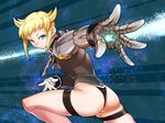  1girl ass blonde_hair blue_eyes breasts chaos_code esaka from_behind gloves looking_at_viewer looking_back lupinus_(chaos_code) mechanical_arm serious short_hair solo thigh_strap thong white_gloves 