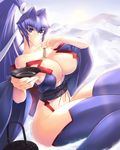  bare_shoulders between_breasts blue_eyes blue_hair blue_legwear bottle breasts collarbone cup detached_sleeves haganef huge_breasts japanese_clothes long_hair long_sleeves looking_at_viewer midriff mitsurugi_meiya mountain muvluv navel obi ponytail revealing_clothes sakazuki sake_bottle sash sitting smile snow solo sunrise thighhighs wide_sleeves 